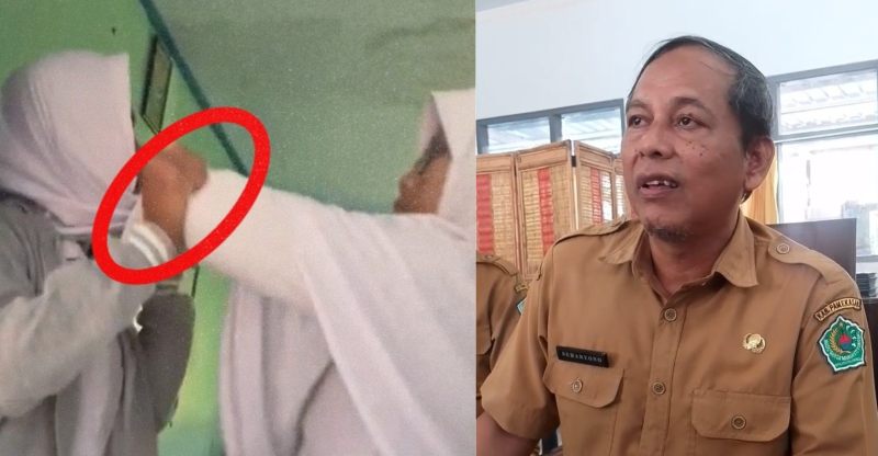 Tangkapan layar video bullying viral (kiri) dan kepala Sekolah SMP 2 Pademawu Pamekasan Suharyono.