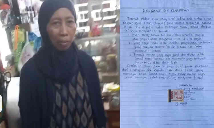 Surat klarifikasi yang ditulis dan ditandatangani Hj. Aisyah, pemilik Toko Limbad, menegaskan bahwa dirinya tidak mengenal H. Her dan H. Sugik seperti disebut dalam video viral.