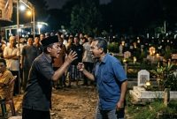 ilustrasi dua orang Cekcok di Tengah Acara Warga di area pemakaman pada saat malam hari.