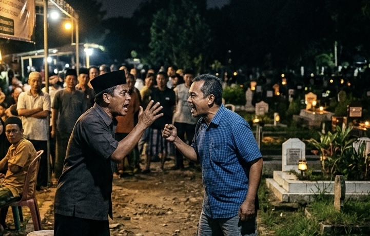 ilustrasi dua orang Cekcok di Tengah Acara Warga di area pemakaman pada saat malam hari.
